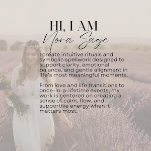 Puede incluir: Un vestido blanco usado por una persona con una corona de flores y un ramo en un campo de lavanda. El texto dice: HI, I AM Nora Sage. I create intuitive rituals and symbolic spellwork designed to support clarity, emotional balance.