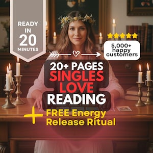 May include: A woman wearing a floral crown sits at a wooden table with candles. The image features text that reads "20+ PAGES SINGLES LOVE READING" and "FREE Energy Release Ritual". The image also states "READY IN 20 MINUTES" and "5,000+ happy customers".