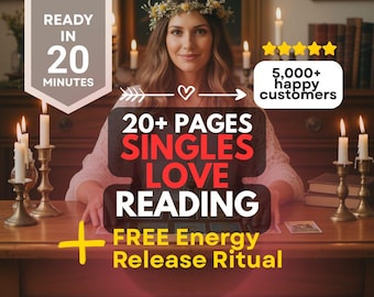 May include: A woman wearing a floral crown is seated at a wooden table with candles. The image includes text that reads "20+ PAGES SINGLES LOVE READING" and "FREE Energy Release Ritual". The image also states "READY IN 20 MINUTES" and "5,000+ happy customers".
