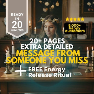 May include: A woman with a floral crown sits at a table with candles, with text reading "20+ PAGES EXTRA DETAILED MESSAGE FROM SOMEONE YOU MISS." Other text includes "READY IN 20 MINUTES" and "FREE Energy Release Ritual."