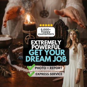 Puede incluir: Una vela negra con un dije de pentáculo, una persona con vestido de encaje blanco y corona floral, y texto que dice 5,000+ happy customers, EXTREMELY POWERFUL GET YOUR DREAM JOB, PHOTO + REPORT y EXPRESS SERVICE sobre una superficie oscura.
