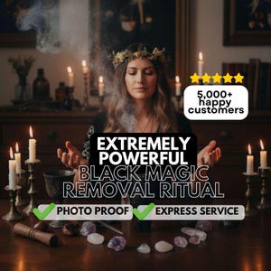 May include: An image of a woman with a floral crown, surrounded by candles and smoke. Text on the image reads "EXTREMELY POWERFUL BLACK MAGIC REMOVAL RITUAL", "PHOTO PROOF", and "EXPRESS SERVICE". A banner states "5,000+ happy customers".