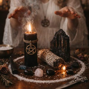 May include: A lit black candle with a gold pentagram charm, surrounded by crystals, a smudge stick, and a black stone. Smoke rises from the candle and smudge stick. The scene is set on a wooden surface with a white circular design.