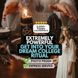 May include: An image featuring a burning black candle with a pentagram charm, a woman in a white dress, and text that reads "EXTREMELY POWERFUL GET INTO YOUR DREAM COLLEGE RITUAL". The image also includes the text "PHOTO PROOF" and "EXPRESS SERVICE".