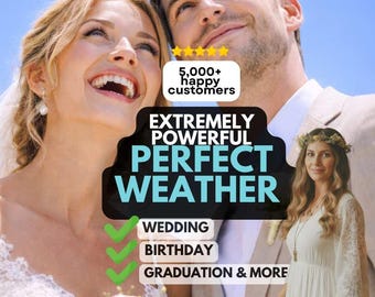 Peut inclure: Image avec un couple souriant et une femme en robe blanche. Le texte comprend "5 000+ clients satisfaits" et "EXTRÊMEMENT PUISSANT PERFECT WEATHER" avec des coches pour "MARIAGE", "ANNIVERSAIRE" et "DIPLÔME ET PLUS".