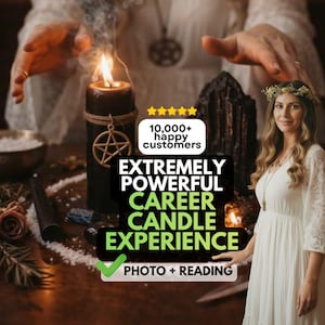Puede incluir: Una vela de pilar negra envuelta en cordel con un dije de pentáculo dorado, emitiendo humo de una mecha encendida. La imagen incluye el texto 10,000+ happy customers, EXTREMELY POWERFUL CAREER CANDLE EXPERIENCE y PHOTO + READING con cinco estrellas.