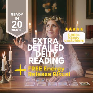 May include: An image featuring a woman with a floral crown, tarot cards, and lit candles. Text on the image reads "EXTRA DETAILED DEITY READING" and "FREE Energy Release Ritual". The image also states "READY IN 20 MINUTES" and "5,000+ happy customers".