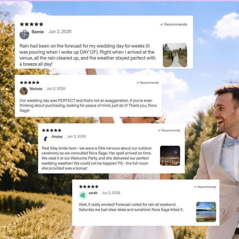 Puede incluir: Un collage de cuatro rese&ntilde;as de clientes de cinco estrellas para Nora Sage, con testimonios sobre el &eacute;xito del clima en bodas, superpuesto sobre un fondo borroso de una novia con vestido blanco y un novio con traje beige caminando.