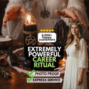 Könnte beinhalten: Eine brennende schwarze Kerze mit einem goldenen Pentagramm-Anhänger ist zu sehen. Der Text im Bild lautet: „EXTREM KRAFTVOLLES KARRIERE-RITUAL“, „FOTOBEWEIS“ und „EXPRESS-SERVICE“. Eine Frau in einem weißen Kleid und Blumenkranz ist ebenfalls zu sehen.