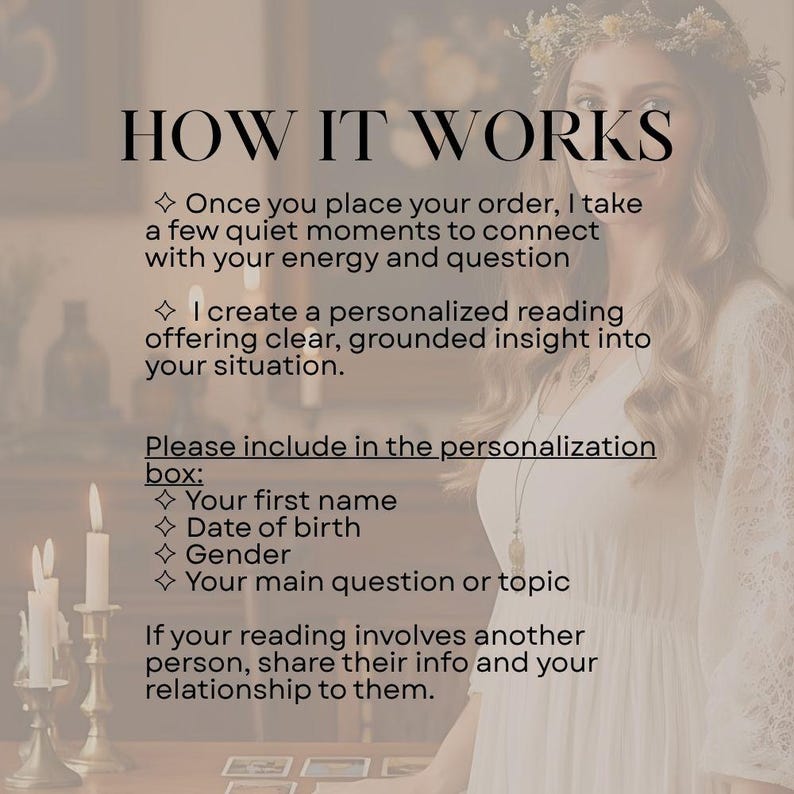 May include: Image with text: "HOW IT WORKS." Text details the process of a personalized reading, including the need for first name, date of birth, gender, and main question. A woman in a white dress is in the background.
