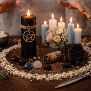 Puede incluir: Una vela de pilar negra grande con un dije de pentagrama dorado atado con cordel, rodeada por cinco velas m&aacute;s peque&ntilde;as de color azul claro y blanco, un frasco de vidrio con flores blancas y melocot&oacute;n, piedras oscuras y un c&iacute;rculo de flores.