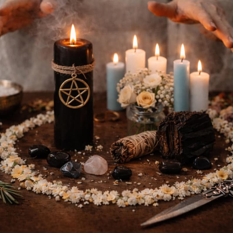 Puede incluir: Una vela de pilar negra grande con un dije de pentagrama dorado atado con cordel, rodeada por cinco velas m&aacute;s peque&ntilde;as de color azul claro y blanco, un frasco de vidrio con flores blancas y melocot&oacute;n, piedras oscuras y un c&iacute;rculo de flores.