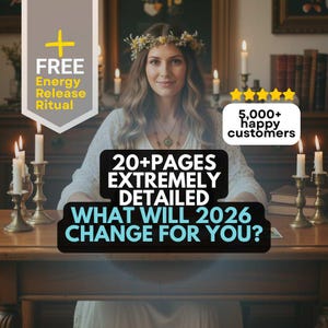 May include: A woman wearing a floral crown and white dress is centered in the image. Text includes "FREE Energy Release Ritual", "20+ PAGES EXTREMELY DETAILED WHAT WILL 2026 CHANGE FOR YOU?" and "5,000+ happy customers". Lit candles and books are in the background.