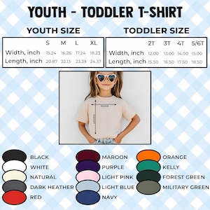 May include: A beige youth t-shirt with size and color options. The image shows a child wearing the shirt, with size charts for youth and toddler sizes. Colors include black, white, red, orange, and green.