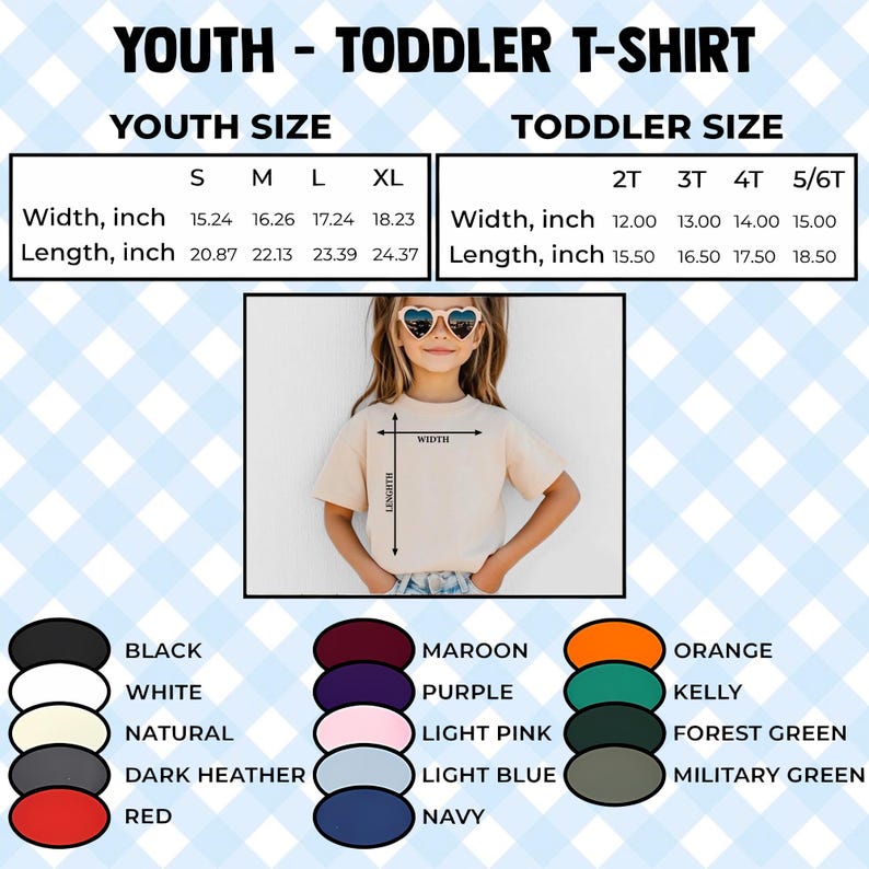 May include: A beige youth t-shirt with size and color options. The image shows a child wearing the shirt, with size charts for youth and toddler sizes. Colors include black, white, red, orange, and green.