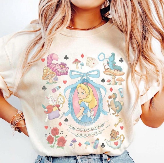 Vintage Disney Princess Tee, Alice in Wonderland Shirt, Cheshire Cat White Rabbit Cute Aesthetic Graphic Tee, Magical Wonderland Gift