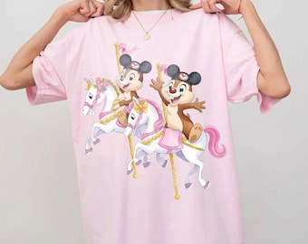 Watercolor Funny Chip & Dale Carousel Shirt, Double Trouble Disney Tee, Comfort Colors Magic Ride Shirt, Disneyland Family Trip Tee