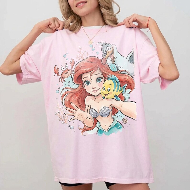 Retro Disney Ariel shirt met comfortkleuren, T-shirt van de kleine zeemeermin prinses, Disney verjaardagsmeisjesshirt, Disney World Trip shirt afbeelding 5