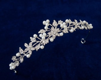 Tiara de perlas para boda, diadema nupcial con corona de cristal y diamantes de imitación, elegantes accesorios para el cabello de la novia.