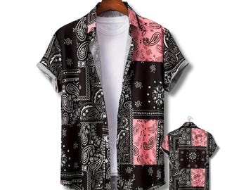 Pink Black Bandana Hawaiian Shirt, Paisley Aloha Shirt, Streetwear Summer Beach Shirt