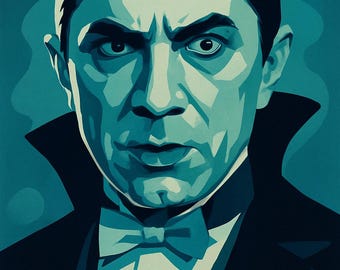 Può includere: Illustrazione teal e nera di un uomo in smoking con papillon. L'uomo ha un'espressione severa e capelli scuri. L'immagine ha un'estetica vintage e stilizzata, che ricorda i classici manifesti dei film horror.