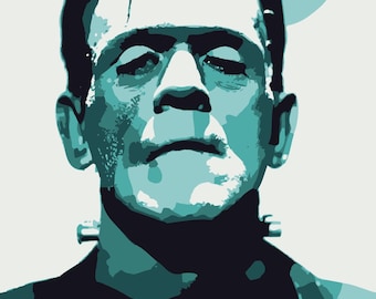 Puede incluir: Un retrato de Frankenstein en estilo pop art, en color turquesa y negro. La cara del monstruo es de color turquesa, con cuello negro y pelo negro. El fondo es de color turquesa claro.