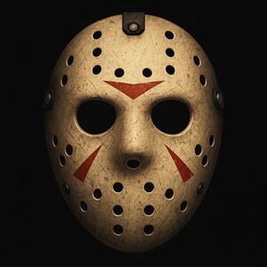 May include: A weathered, off-white hockey mask with numerous small, evenly spaced holes. The mask features two large eye openings and a prominent nose bridge. Red chevron and slash markings are visible. The mask has a dark strap and rivets.