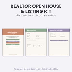 May include: A digital realtor open house and listing kit featuring three printable pages with headers including Realtor Open House & Listing Kit, New Listing Intake Sheet, and Open House Prep & Sign-In Sheet, displayed in a clean, organised layout.