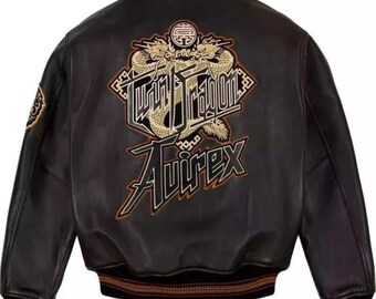 Avirex Twin Dragon Bomber Leather Jacket, Genuine Cowsoft Leather, Black Embroidered, Fashion Style