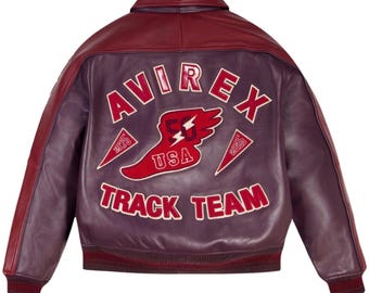 Kurtka skórzana Avirex Track Team Cowsoft, retro bomberka, burgundowa, w kolorze czerwonym i bordowym