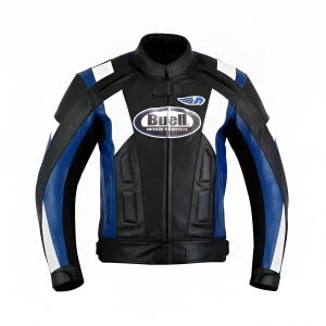 May include: A black, white, and blue motorcycle jacket featuring a central Buell American Motorcycles logo on the chest, a small winged emblem above it, a full-length front zipper, a mandarin collar, and padded sections on the front torso.