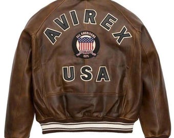 Avirex USA Brown Bomber Leather Jacket, Cowsoft Leather Outerwear, American Flight Icon
