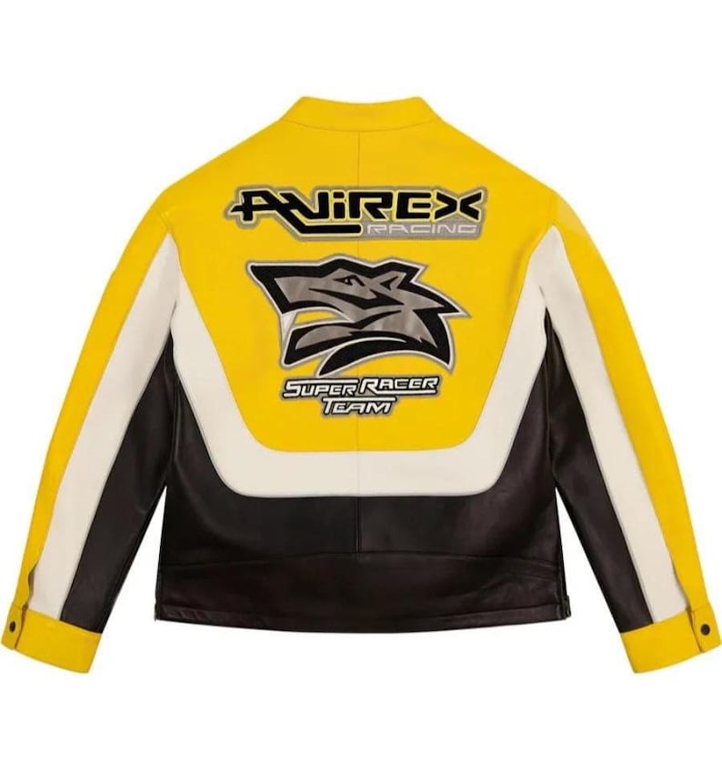 May include: Yellow, black, and white leather jacket with the text "AVIREX RACING" and "SUPER RACER TEAM". The jacket features a wolf graphic on the back. The jacket has a classic motorcycle jacket design with a snap collar and buttoned cuffs.