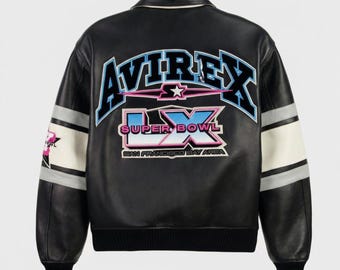 AVIREX Super Bowl IX leren varsityjack, zwarte retro bomberjas, streetwear-bovenkleding