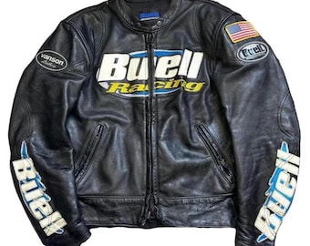 Giacca in pelle da moto Buell Racing, vera pelle di vacchetta, stile Café Racer