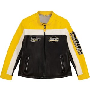 May include: A yellow, black, and white motorcycle jacket with a stand-up collar and a full-length zipper. The jacket features the text "FIRE WHEEL CLUB" and "LONE WOLF RACING" on the chest, and "RVIREX SUPER RACE TEAM" on the sleeve.