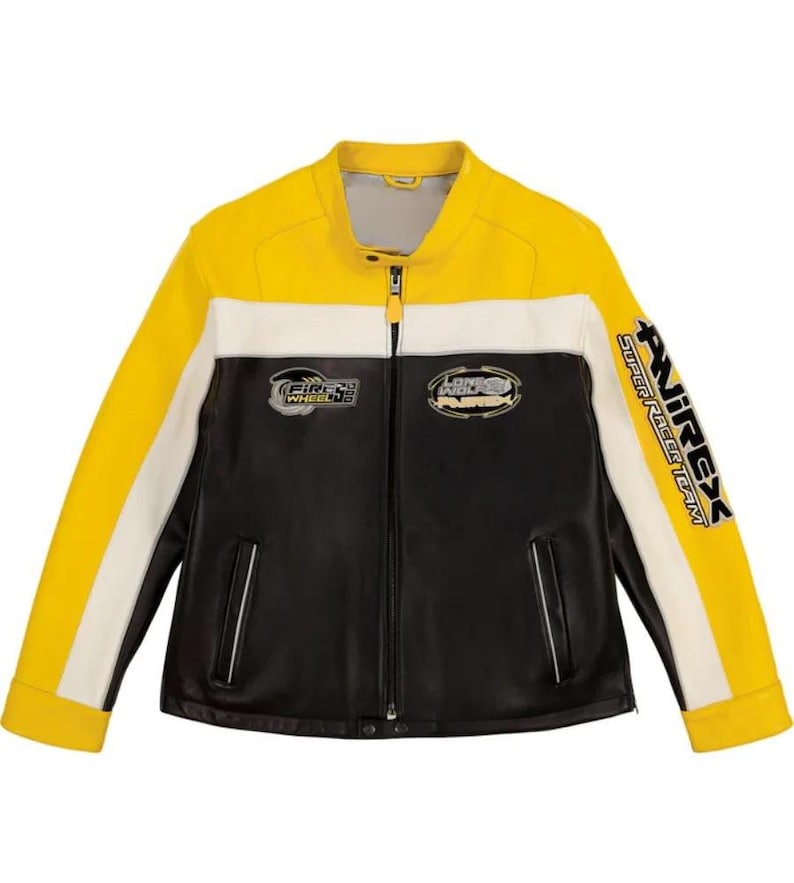 May include: A yellow, black, and white motorcycle jacket with a stand-up collar and a full-length zipper. The jacket features the text "FIRE WHEEL CLUB" and "LONE WOLF RACING" on the chest, and "RVIREX SUPER RACE TEAM" on the sleeve.
