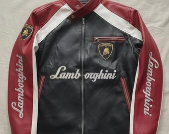 Lamborghini Motorsport Leather Jacket,  Genuine Cowhide Leather Red Black White Racing Style Coat.
