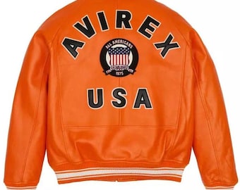 Avirex USA Orange Bomber Leather Jacket, Cowsoft Leather Outerwear, American Flight Icon