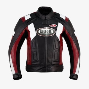 May include: A black, white, and red leather motorcycle jacket featuring a central Buell American Motorcycles logo on the chest. The jacket has a full-length front zipper, a stand-up collar, and padded sections on the torso and sleeves.