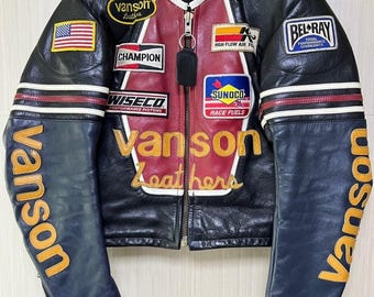 Vanson Leather Racing Jacket, Genuine Cowhide, Biker Moto Jacket with Patches
