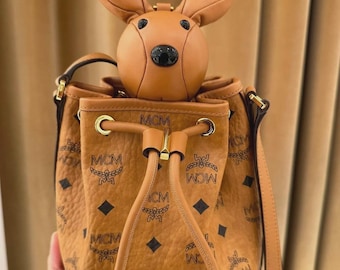 MCM Park Rabbit Drawstring Bag in Visetos , Cognac Brown Monogram, Designer Shoulder Bag.