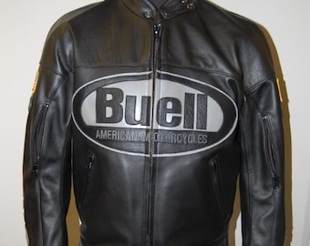 Buell Black Genuine Cowhide Leather Motorcycle Jacket, Vintage Racing Biker Jacket American Rider Coat.