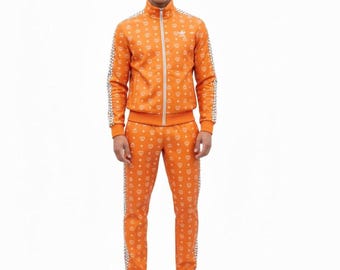 Orange Monogram Tracksuit, Luxury Full Zip Streetwear Set