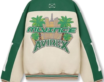 Leren jack Avirex X MLVINCE Miami Varsity, groen en crème, luxe bomberjack, streetwear-bovenkleding