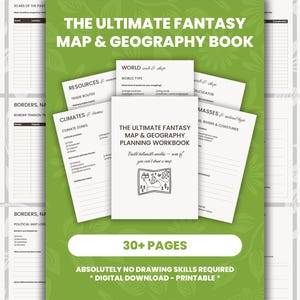 May include: A green and white graphic promoting "The Ultimate Fantasy Map & Geography Book." The book includes planning workbooks and resources for world-building, climates, and more. The text reads "Absolutely no drawing skills required" and "Digital Download - Printable."
