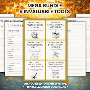 Planificador de escritura de novelas de fantasía 6 en 1 / Creación de mundos, sistema de magia, mapas, personajes y trama / Descarga digital en PDF imprimible