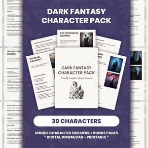 May include: A dark fantasy character pack with 30 character dossiers, bonus pages, and digital download. The cover features the text "Dark Fantasy Character Pack" and "Morally Complex Character Designs". The image includes character art and text.