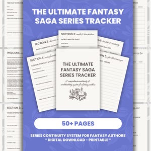May include: A digital fantasy saga series tracker with over 50 pages, designed for fantasy authors. The cover features the title "The Ultimate Fantasy Saga Series Tracker" and includes sections for character evolution, world-building, and plot threads. The background is a blue floral design.