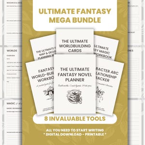 Puede incluir: Un paquete de descarga digital titulado "Ultimate Fantasy Mega Bundle" con ocho herramientas para escritores. El paquete incluye cuadernos de trabajo y planificadores para la construcción de mundos, sistemas mágicos y desarrollo de personajes.